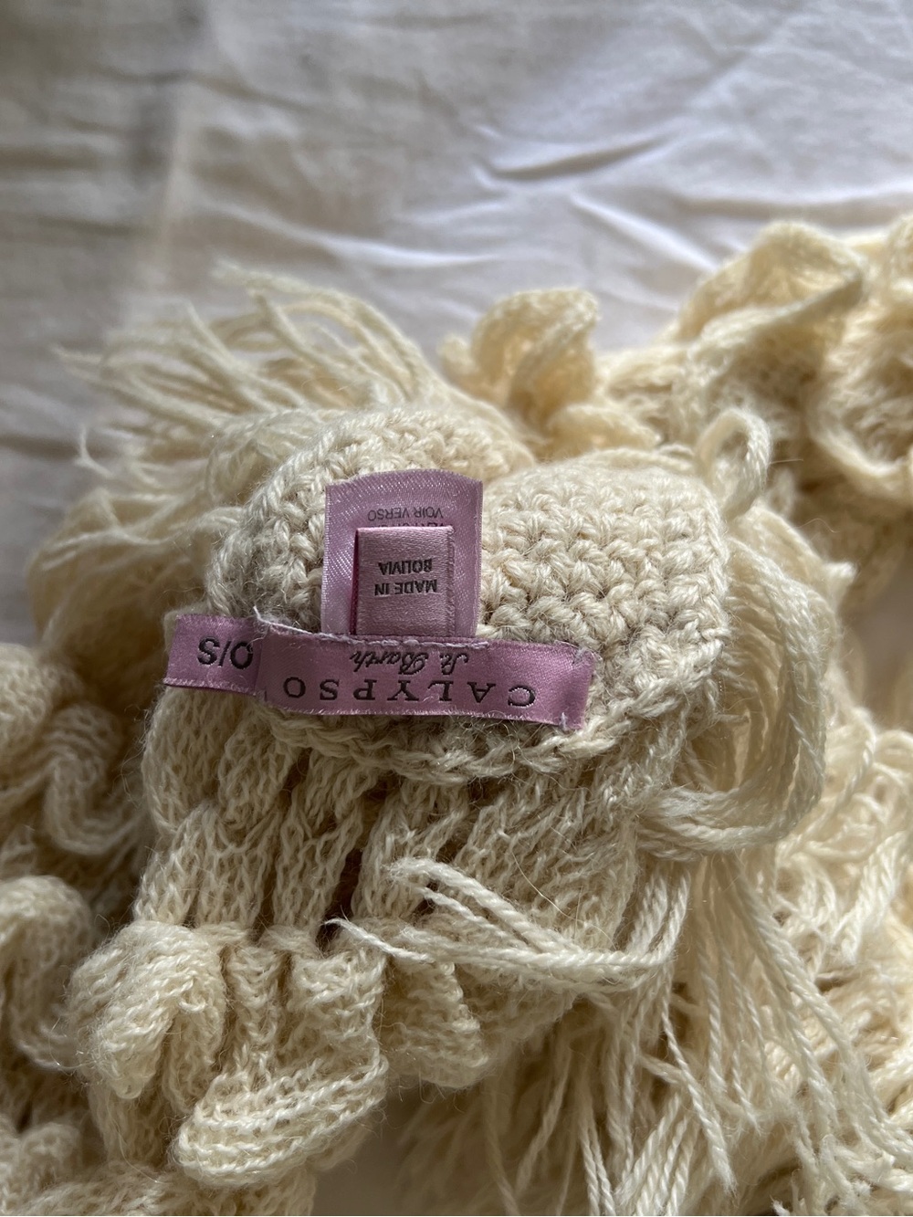 Calypso St. Barth Cream Knit Fringe Scarf with Pink Brand Tag